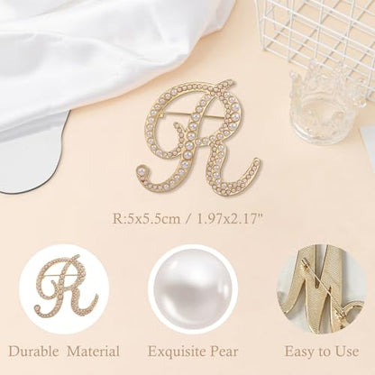 A-Z Initial 26 Letter Brooch Pins, Gold Faux Pearl Alphabet Badges Breastpin for Hat Bag Dress Coat Suit Accessory, Elegant Name Personalized Gifts for Women Men - color: R