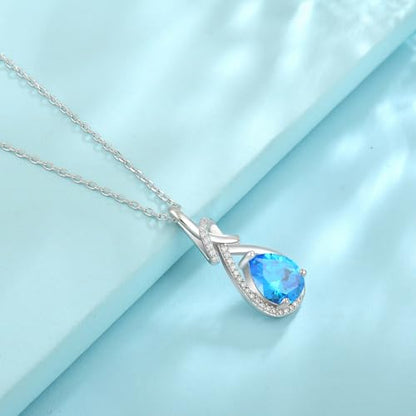 Infinity Teardrop Necklace Silver Tone Pendant Birthstone Jewelry for Women - color: Sea Blue
