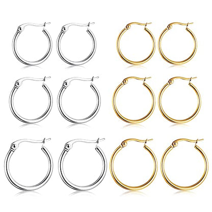 5-10 Pairs Small Gold Silver Hoop Earrings for Women, Stainless Steel Earrings Set Mens Lightweight Thin Hypoallergenic Small Hoops Set - style: 6pcs-G+S 8+10+12mm