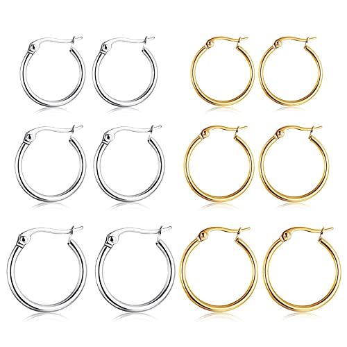5-10 Pairs Small Gold Silver Hoop Earrings for Women, Stainless Steel Earrings Set Mens Lightweight Thin Hypoallergenic Small Hoops Set - style: 6pcs-G+S 8+10+12mm