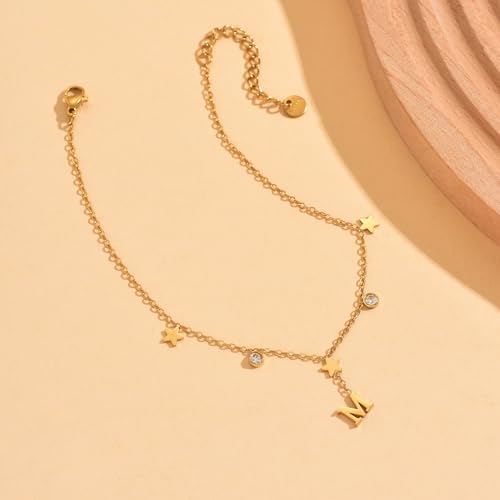 Initial Anklet for Women, 18K Gold Plated Waterproof Ankle Bracelet, Star CZ Letter A-Z Personalized Beach Foot Jewelry - color: C