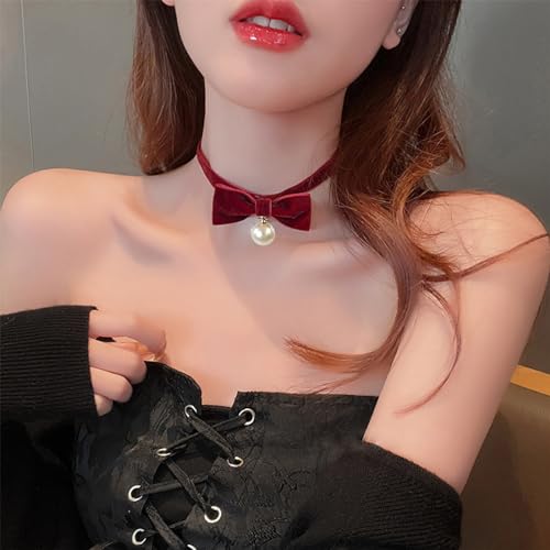 Bow Necklace for Women Dainty Velvet Ribbon Choker Necklaces Red Black Bow Choker Pearl Bell Heart Pendant Necklace Winter Holiday Necklace Cute Bow Knot Necklace for Christmas New Year Gifts - color: Red+pearl