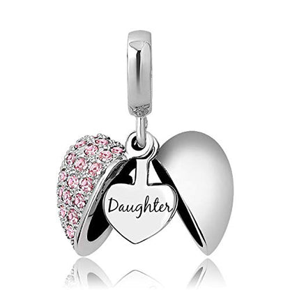KunBead Daughter Heart I Love You Birthstone Dangle Charms Compatible with Pandora Bracelet Gift for Womens Birthday - color: Pink