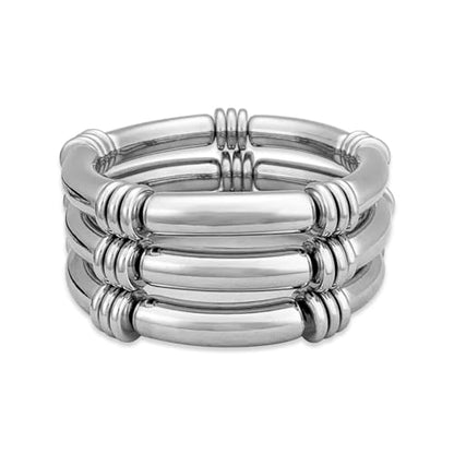 YBMYCM 5PCS Gold Chunky Bangles Bracelets for Women | 14k Gold Plated Stackable Layered Curved Bamboo Tube Stretch Bracelets Bangle Gift Jewelry - color: 3pcs Silver