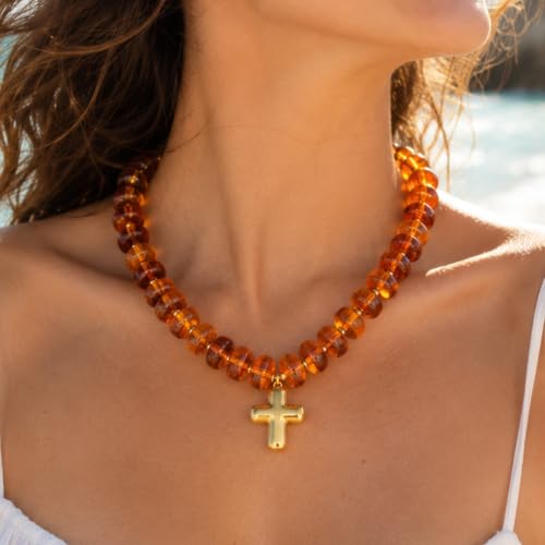 Colorful Resin Chunky Beaded Necklace for Women Modern Statement Choker Necklace with Gold Tone Cross Pendant Boho Summer Jewelry Gift - color: Amber Brown-1