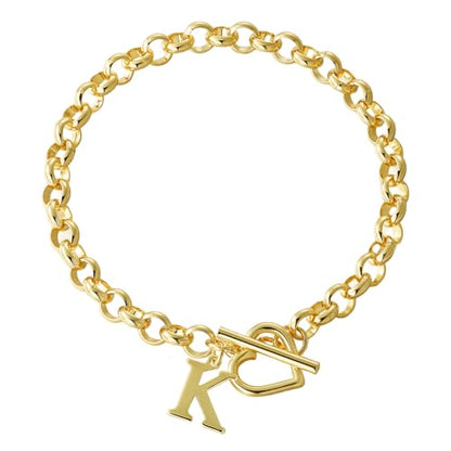 14K Gold Plated Stainless Steel A-Z Alphabet Letter Heart Bracelet | Non-Tarnish Dainty Charm with a Romantic Toggle Clasp Daily Fashion Jewelry, 7-inch Rolo Chain, Personalized Gift for Her - color: K