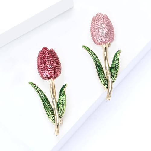 Rhinestone Tulip Flower Brooch Pin for Women Dainty Floral Lapel Pin Gold Plated Tulip Flowers Green Leaf Broochs Pins Trendy Wedding Party Jewelry Accessories - color: Rose