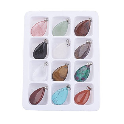 FASHEWELRY 12Pcs Teardrop Stone Pendants Water Drop Healing Crystal Quartz Chakra Gemstone Rock Charms Random Mixed for Necklace Jewelry Making Hole: 6x2mm - color: 6-Mixed Color-Teardrop-Random