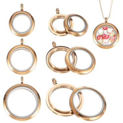 MECCANIXITY Living Memory Locket Charm, Round Floating Locket Pendants Stainless Steel Clear Glass Photo Charm - color: Rose Gold, size: 12.7/18/23 mm