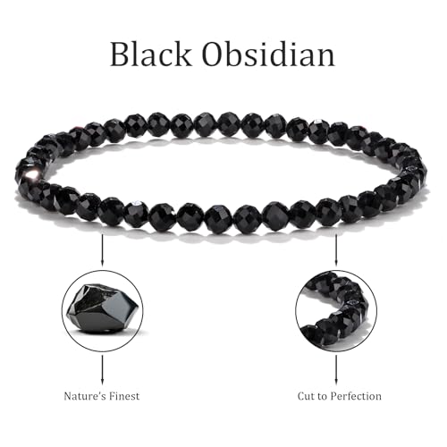 Natural Faceted Crystal Bracelet for Women,4mm Gemstone Round Beads Bracelets Adjustable Stretchy Healing Crystal Beads Bracelets Dainty Jewelry Gift - color: Black Obsidian