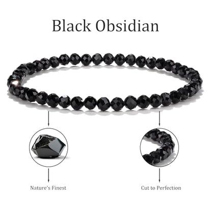 Natural Faceted Crystal Bracelet for Women,4mm Gemstone Round Beads Bracelets Adjustable Stretchy Healing Crystal Beads Bracelets Dainty Jewelry Gift - color: Black Obsidian