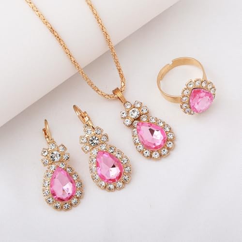 Teardrop/Heart Crystal Jewelry Set for Women, Gold Tone Rhinestone Necklace Earrings Ring Set, Wedding Bridal Prom Party Jewelry Gift - color: Pink (teardrop)