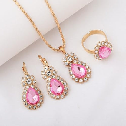 Teardrop/Heart Crystal Jewelry Set for Women, Gold Tone Rhinestone Necklace Earrings Ring Set, Wedding Bridal Prom Party Jewelry Gift - color: Pink (teardrop)