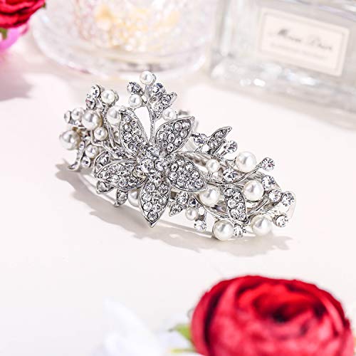 EVER FAITH Austrian Crystal Bridal Hibiscus Cream Simulated Pearl Hair Clip Barrette Clear Silver-Tone - color: Clear