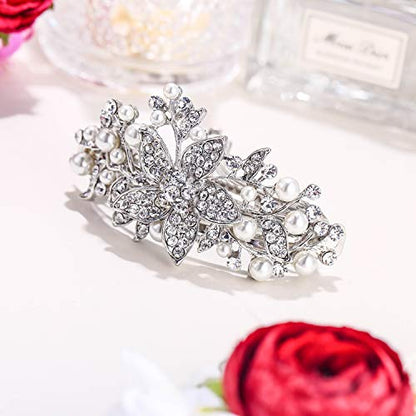 EVER FAITH Austrian Crystal Bridal Hibiscus Cream Simulated Pearl Hair Clip Barrette Clear Silver-Tone - color: Clear