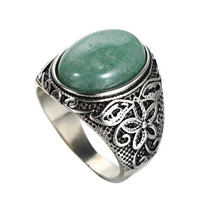 Retro Unisex Stainless Steel Oval Gemstone Hollow Flower Carved Signet Ring - color: Silver-Turquoise