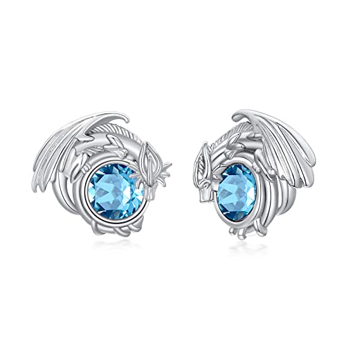 Dragon Earrings Sterling Silver Stud Hypoallergenic Birthstone Crystal Dragon Earrings for Women - color: 03-Mar