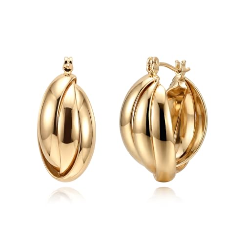 Gold Hoop Earrings for Women 14K Gold Plated Chunky Huggie Hoops Simple Cute Earrings Minimalist Jewelry for Women Gifts - style: Triplique