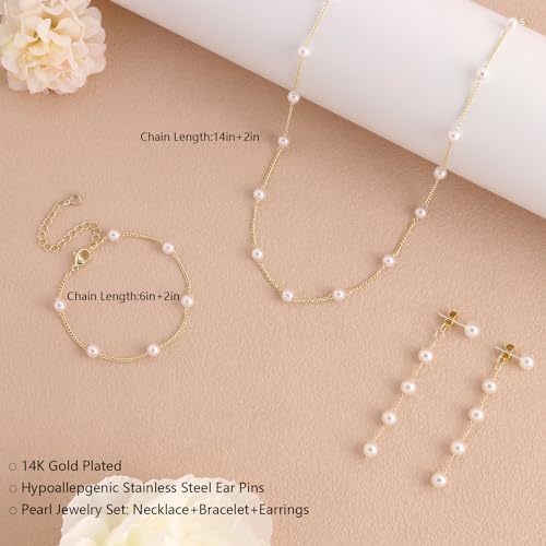 KXIEER Gold Jewelry Set for Women Layered Necklace Wedding Jewelry Set | Dainty 14K Gold/Silver Plated Pearl Necklace and Earring Set Pearl Drop Earrings Pearls Bracelets Pearls Choker Necklace - color: pearl choker set-gold