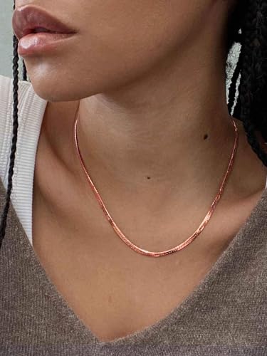 ChainsHouse Flat Snake Chain Herringbone Choker Necklace for Women, Stainless Steel/Rose Gold/18K Gold Plated Dainty Adjustable Simple Short Layered Necklaces, 12"/15"/18" with 3.5" Extender - color: a. rose gold-3mm