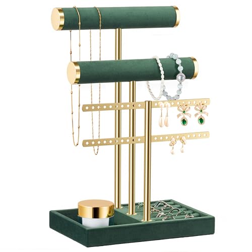 Jewelry Organizer Stand for Necklaces, Bracelets, Earrings, Rings, Green | 3 Tier Velvet Bracelet Holder Display | Jewelry Organizers and Storage | Jewelry Tree | Jewelry Towers - color: Dark Green, size: Standard