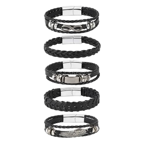 5 Pcs Braided Leather Bracelets for Men Women Woven Cuff Bracelet Adjustable - color: Silver Clasp
