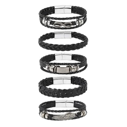 5 Pcs Braided Leather Bracelets for Men Women Woven Cuff Bracelet Adjustable - color: Silver Clasp