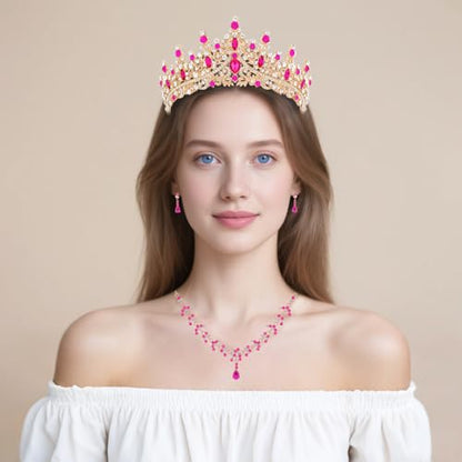 Crystal Crown and Tiara Jewelry Set for Women Bride with Necklace Earrings | Metal Rhinestone Royal Queen Princess Jewelry Set Wedding Quinceanera Pageant Prom Birthday Halloween Party Costume Gift - color: Style E-Hot Pink