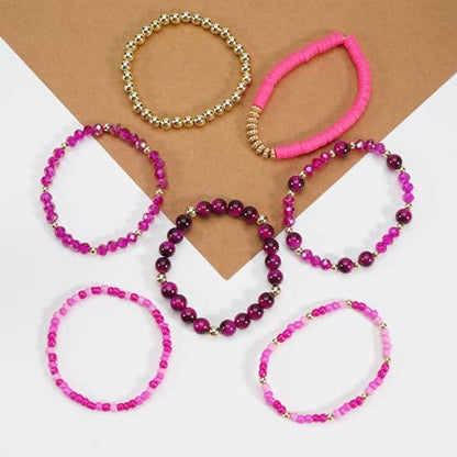 7/12Pcs Set Bohemian Stackable Crystal Seed Beaded Elastic Stretch Bracelet Multilayerd Handmade Brass Bead for Women Jewelry Surfer Heishi Polymer Clay Layering - color: green