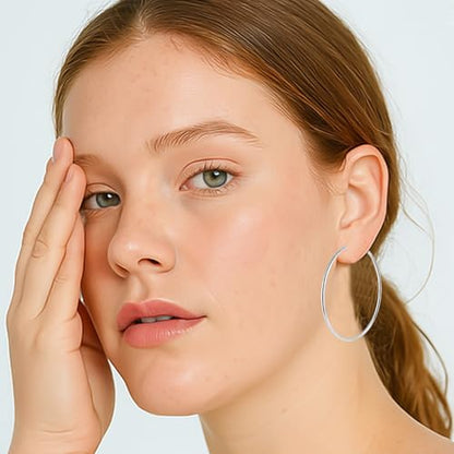 70mm Big Large Stainless Steel Gold Silver Hoop Earrings for Women | Hypoallergenic, Thin, 14K Gold Plated, Lightweight Dangle - color: 1 Pairs Silver-70mm