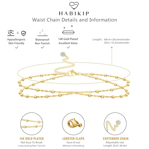 14K Gold Plated Layered Body Waist Chain for Women | Layered Waist Chain with CZ Heart and Pearl Pendant, Belly Chain Belt Jewelry for Women, Bikini Summer Beach Wear - style: Waist Beads Chain