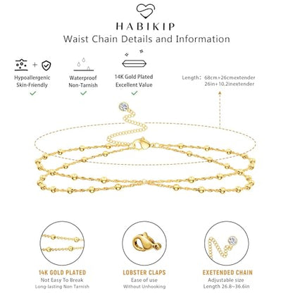 14K Gold Plated Layered Body Waist Chain for Women | Layered Waist Chain with CZ Heart and Pearl Pendant, Belly Chain Belt Jewelry for Women, Bikini Summer Beach Wear - style: Waist Beads Chain
