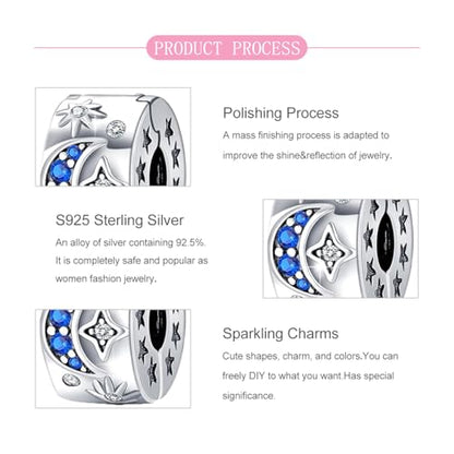 925 Sterling Silver Openable Clip Spacer Bead Fits Pandora Bracelet | Hypoallergenic Clip Stopper Charm, Star Clover Butterfly Floral Mom Heart Paved Zircon Gift for DIY Charm Bracelet Jewelry - color: Blue Zircon Moon Star