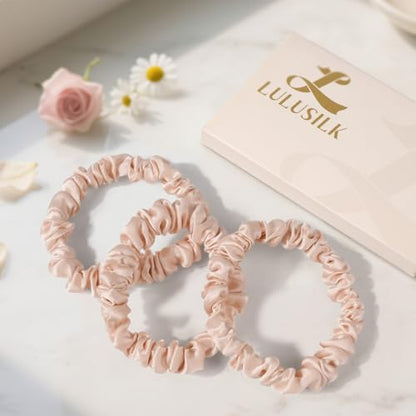 LULUSILK Small Silk Hair Ties No Damage, 100% Real Mulberry Silk, Skinny Scrunchies Ponytail Holders for Thin Fine Hair, Lotus Pink, Pack of 3 - color: Lotus Pink