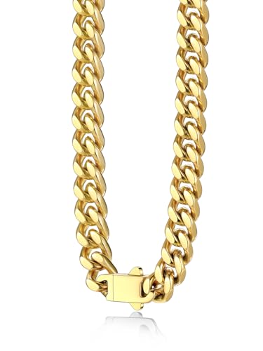 Bestyle Thick Stainless Steel Mens Cuban Link Chain, Black/Gold Chain for Men, No Tarnish & Durable Men Chain Necklace, 5/7/9/12mm Wide, 18"-30" Long, Gift Package - style: b. 7mm-Gold