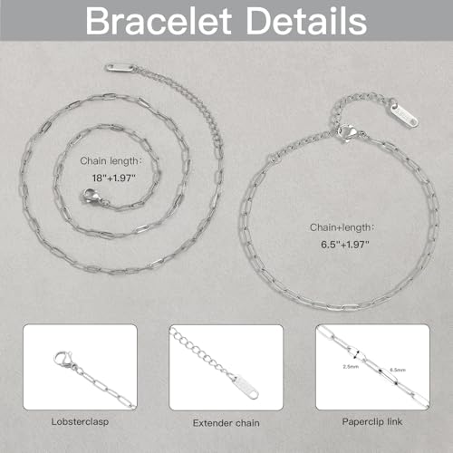Swyabi 20 PCS Paperclip Necklace Bracelet Chains Bulk for Jewelry Making | 18K Stainless Steel, with Extender, No Fade, No Rust, Adjustable, for Men Women DIY, Silver - color: 2.5x6.5mm Silver