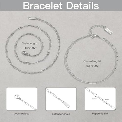 Swyabi 20 PCS Paperclip Necklace Bracelet Chains Bulk for Jewelry Making | 18K Stainless Steel, with Extender, No Fade, No Rust, Adjustable, for Men Women DIY, Silver - color: 2.5x6.5mm Silver