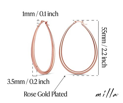 Milla Oval Hoop Earrings for Women | Elegant Polished 14K Gold, Rose Gold or Silver Plated Hoops with Secure Latch Closure, Hypoallergenic & Lightweight - color: Rose Gold Plated / 2.2 in - MEDIUM