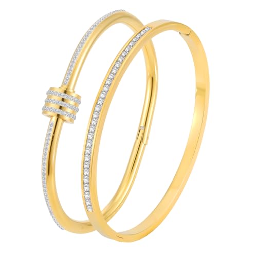 Camhanno Gold Bangles for Women - Stainless Steel Love & Friendship Bracelet Set with Gift Box | Daily Wear & Party Jewelry - color: 2pcs Gold Set Style 2