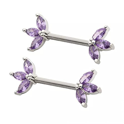 Pierced Owl 14GA 316L Stainless Steel Triple CZ Crystal Marquise Ends Nipple Barbells, Sold as a Pair - style: Silver Tone/Purple