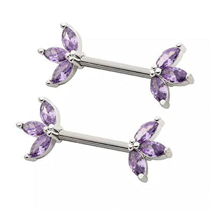 Pierced Owl 14GA 316L Stainless Steel Triple CZ Crystal Marquise Ends Nipple Barbells, Sold as a Pair - style: Silver Tone/Purple