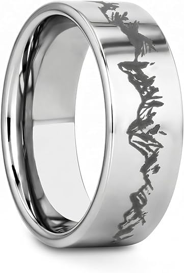 Men's Wedding Rings Mountain Range Pattern Engraved Silver Flat Band 8mm 316 Stainless Steel Men Ring Comfort Fit - color: Silver