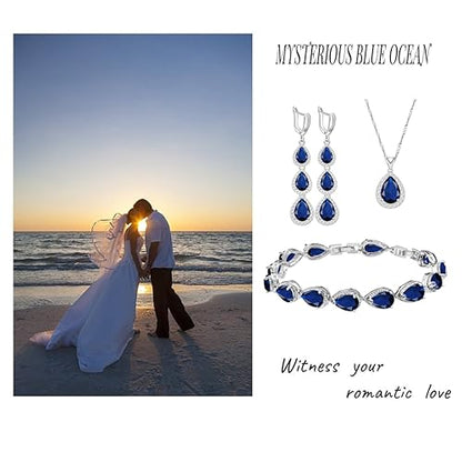 LMXXVJ Necklace Long Earrings Bracelet Set, White Gold Plated Created Blue Sapphire Jewelry Set Wedding Party Gift Jewelry for Women Bridal Bridesmaid - color: Blue