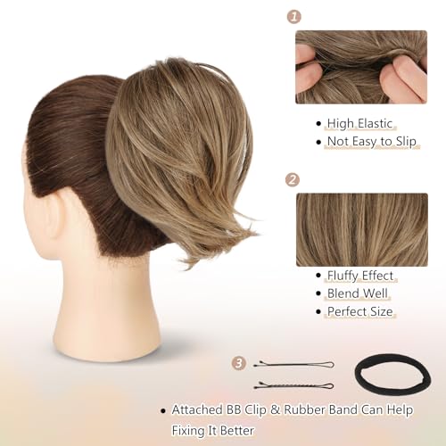 BARSDAR Brown Hair Bun Extensions - Synthetic Short Straight Ponytail Hair Bun Scrunchies - Elastic Messy Hairpieces Daily - Ash Brown Mixed - color: Ash Brown Mixed, size: 1 Count - Elastic