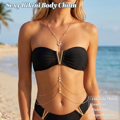 14K Gold Plated Body Chains for Women Sexy Layered Belly Waist Chains Crossover Bikini Bra Chain Adjustable Beads Chest Chain Summer Beach Rhinestone Beach Nightclub Body Jewelry - style: style C