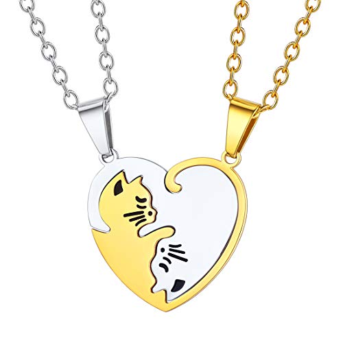 U7 Cat Pendant Necklace for Women Stainless Steel Cute Kitty Cat Jewelry Gift - style: 03-Heart Cat Set-Steel+Gold(Customized)