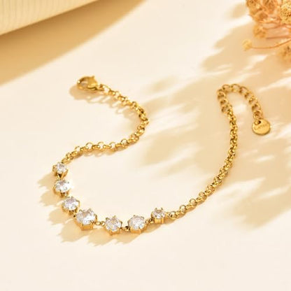 18K Gold Plated Cubic Zirconia Tennis Bracelet for Women Sparkling Stackable Stainless Steel Jewelry Hypoallergenic Tarnish Resistant Bridal Gift - color: 7 Round CZ-Gold
