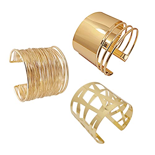 COLORFUL BLING Punk Alloy Hollow Geometric Smooth Polished Gold Hoop Open Cuff Wide Bracelet Bangle Wrist Jewelry for Women Lady - color: 3pcs gold short