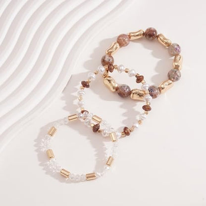Boho Beaded Stretch Bracelets For Women Stackable Crystal Gold Plated Beaded Bracelets Set Trendy Handmade Friendship Braeclet Jewelry Gifts - color: L-Cracked stone 3pcs