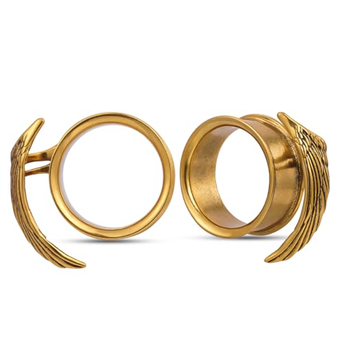 ERKUOO 1 Pair Gothic Ear Tunnels Plugs for Stretched Ears – Double Flared Gauges with Wing Blade Designs, 2G to 1 Inch Ear Gauge Plugs Jewelry for Women Body Piercing - color: #1 Gold, size: 00g=10mm